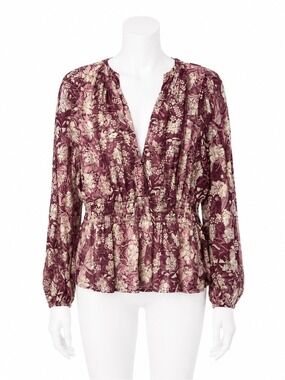 Anthropologie Somerset Chiffon Blouse Burgundy Floral Metallic Peplum Top L